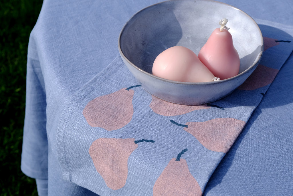 Pears Dining Set - Candles & Linen Napkins in Soft Cloud Blue