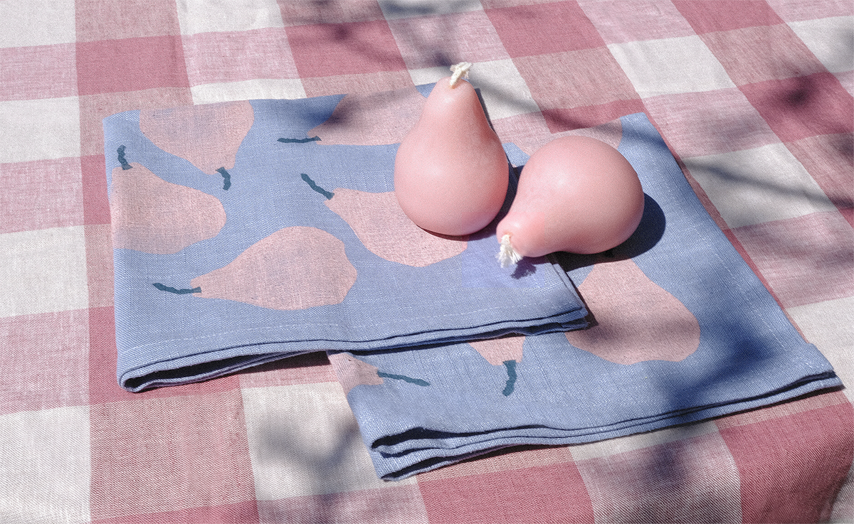 Pears Dining Set - Candles & Linen Napkins in Soft Cloud Blue