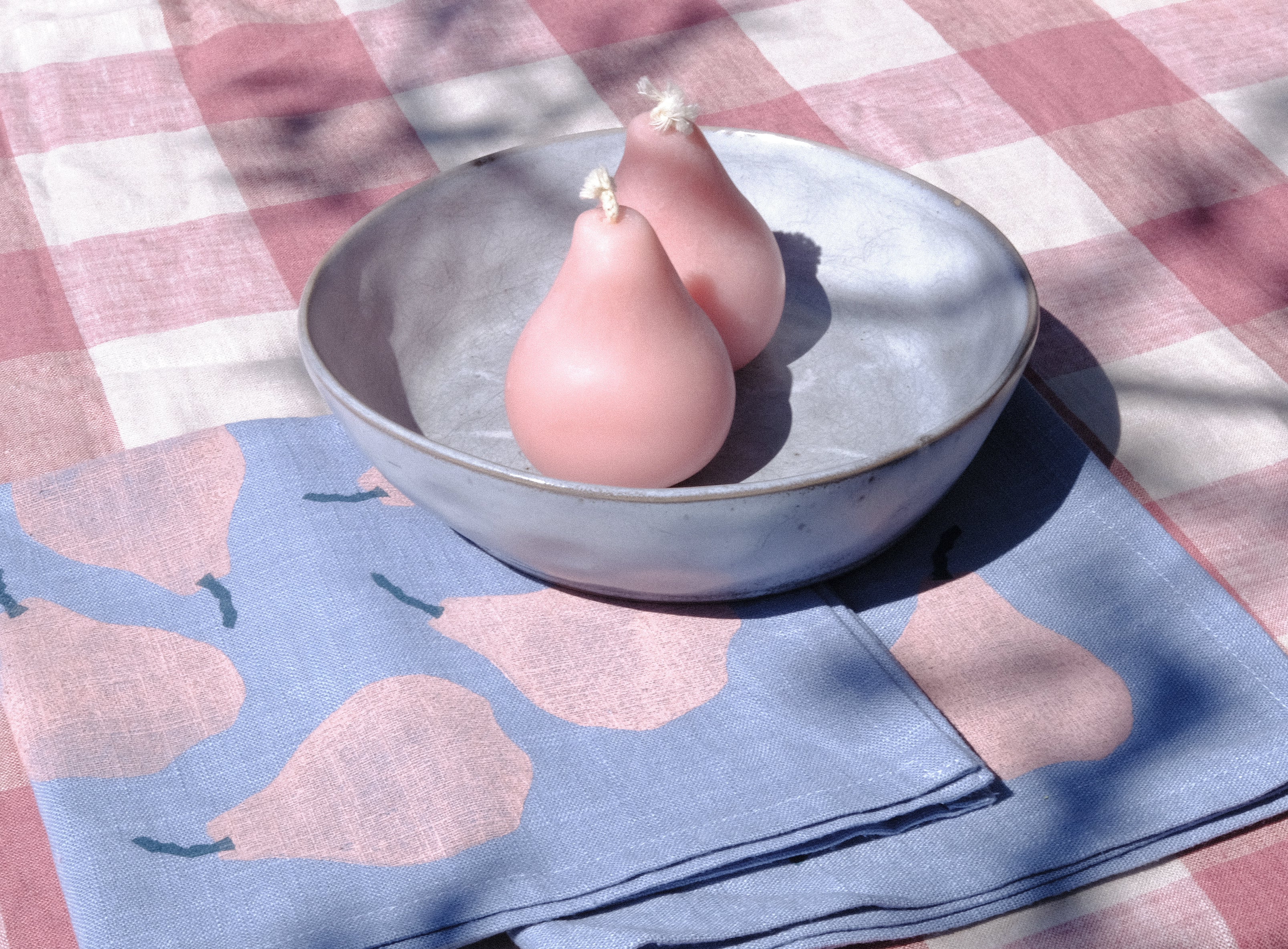 Pears Dining Set - Candles & Linen Napkins in Soft Cloud Blue
