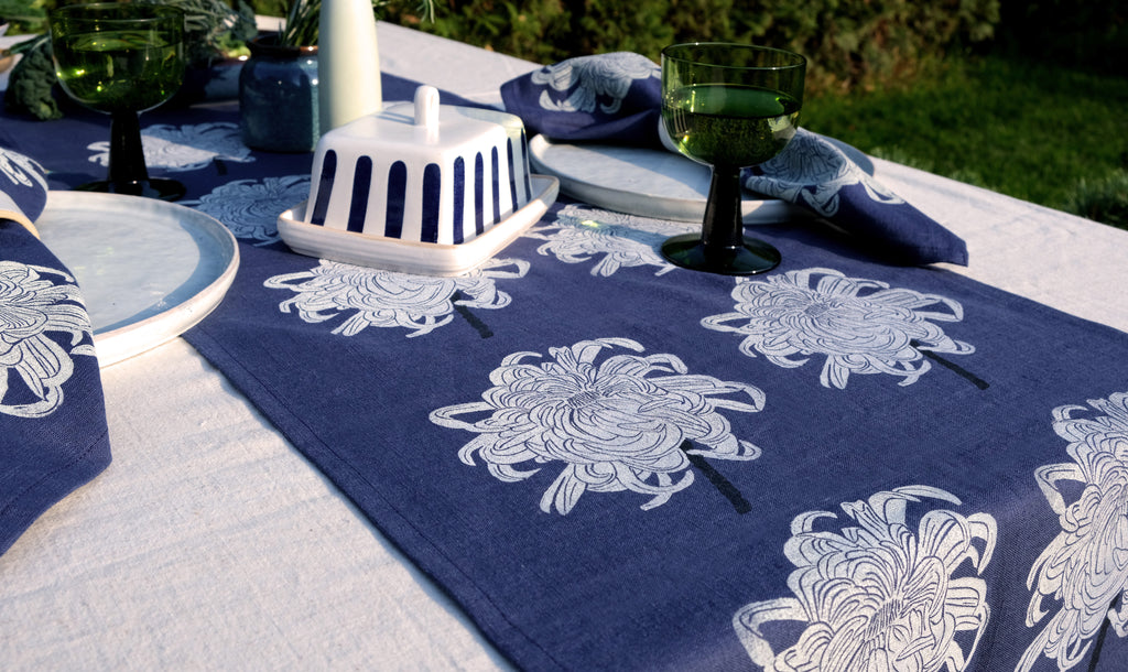 Chrysanthemum on Indigo Table Runner