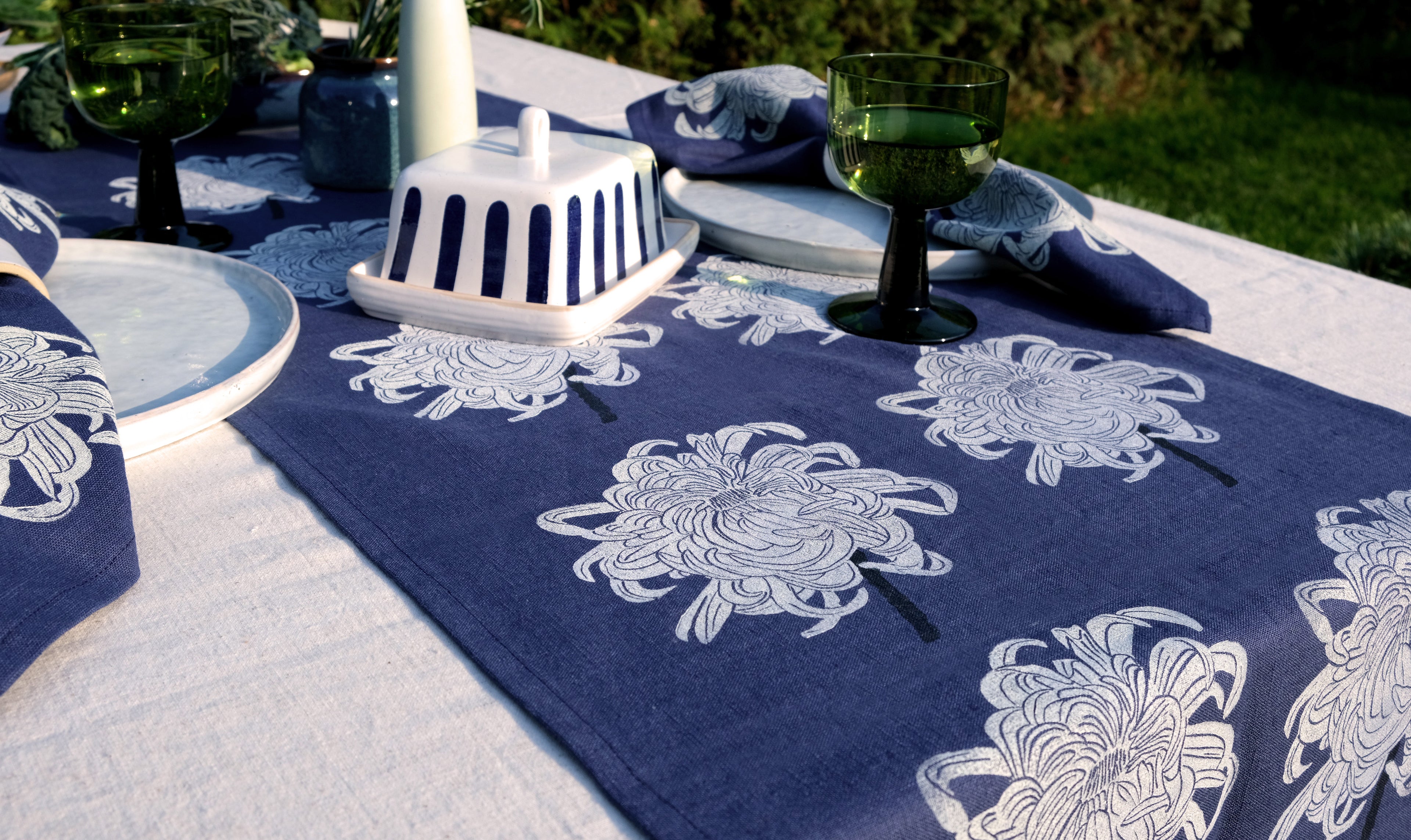 Chrysanthemum on Indigo Table Runner