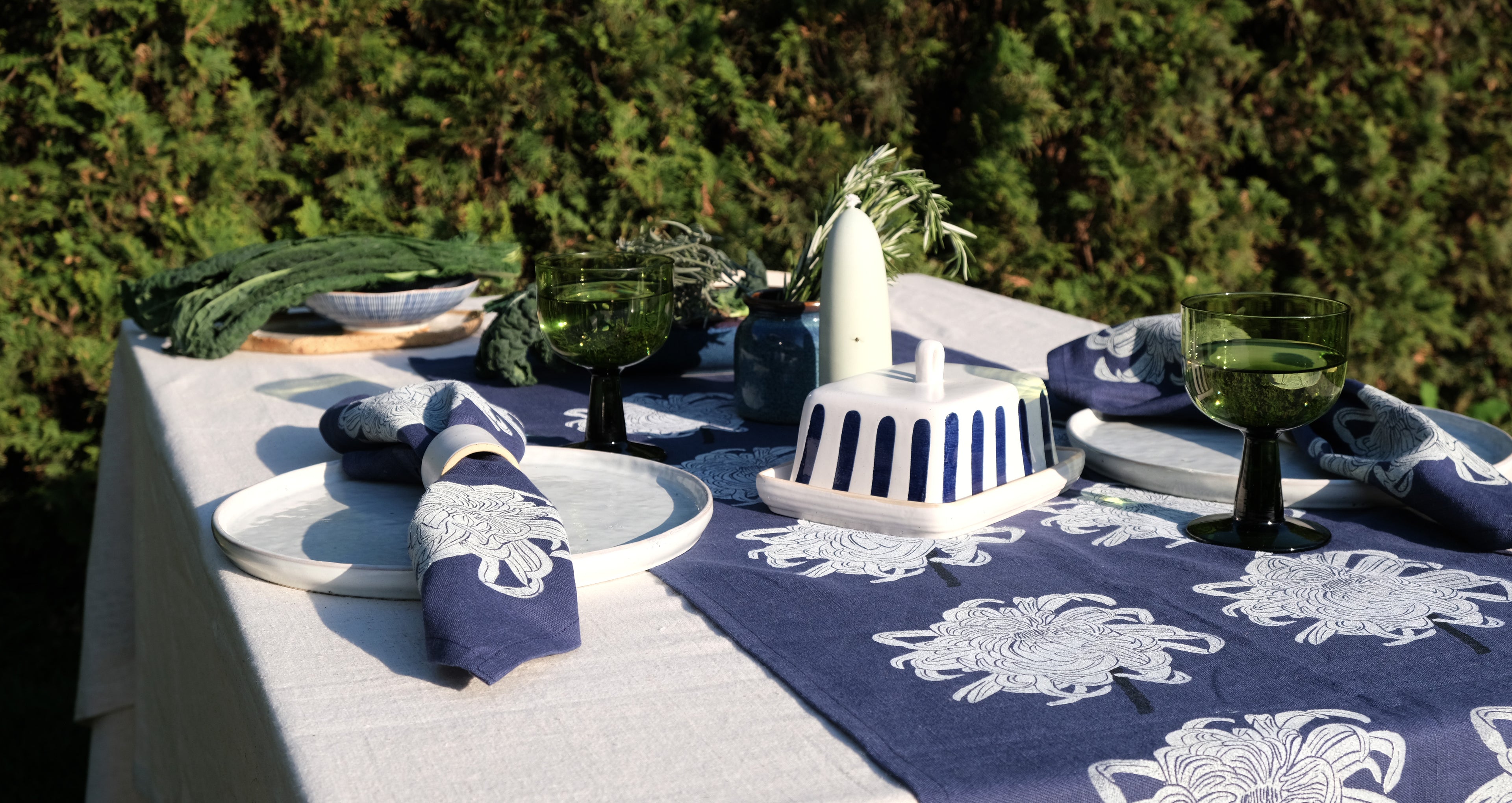 Chrysanthemum on Indigo Table Runner