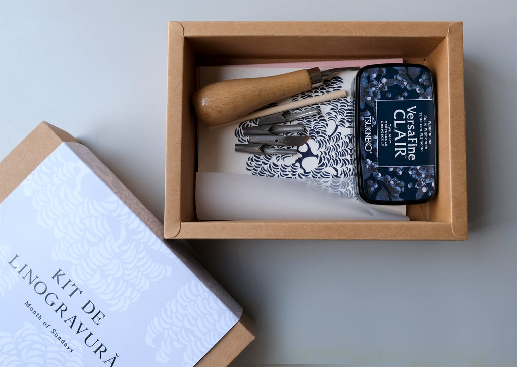 Linocut & print kit, contains blockprinting on paper essentials with a step by step tutorial