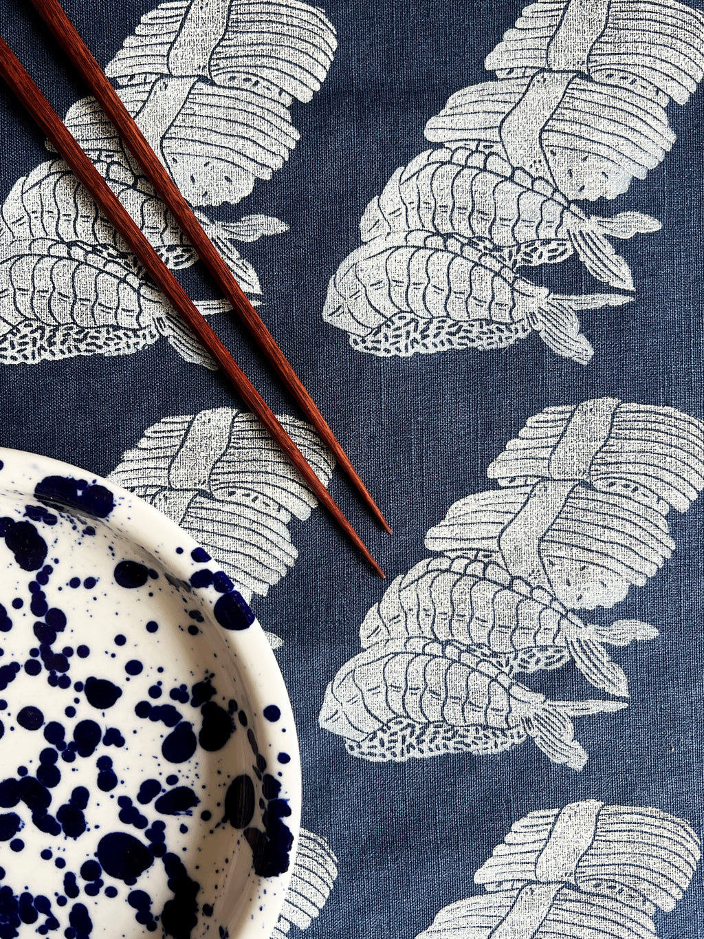 Sushi on Indigo Tea Towel