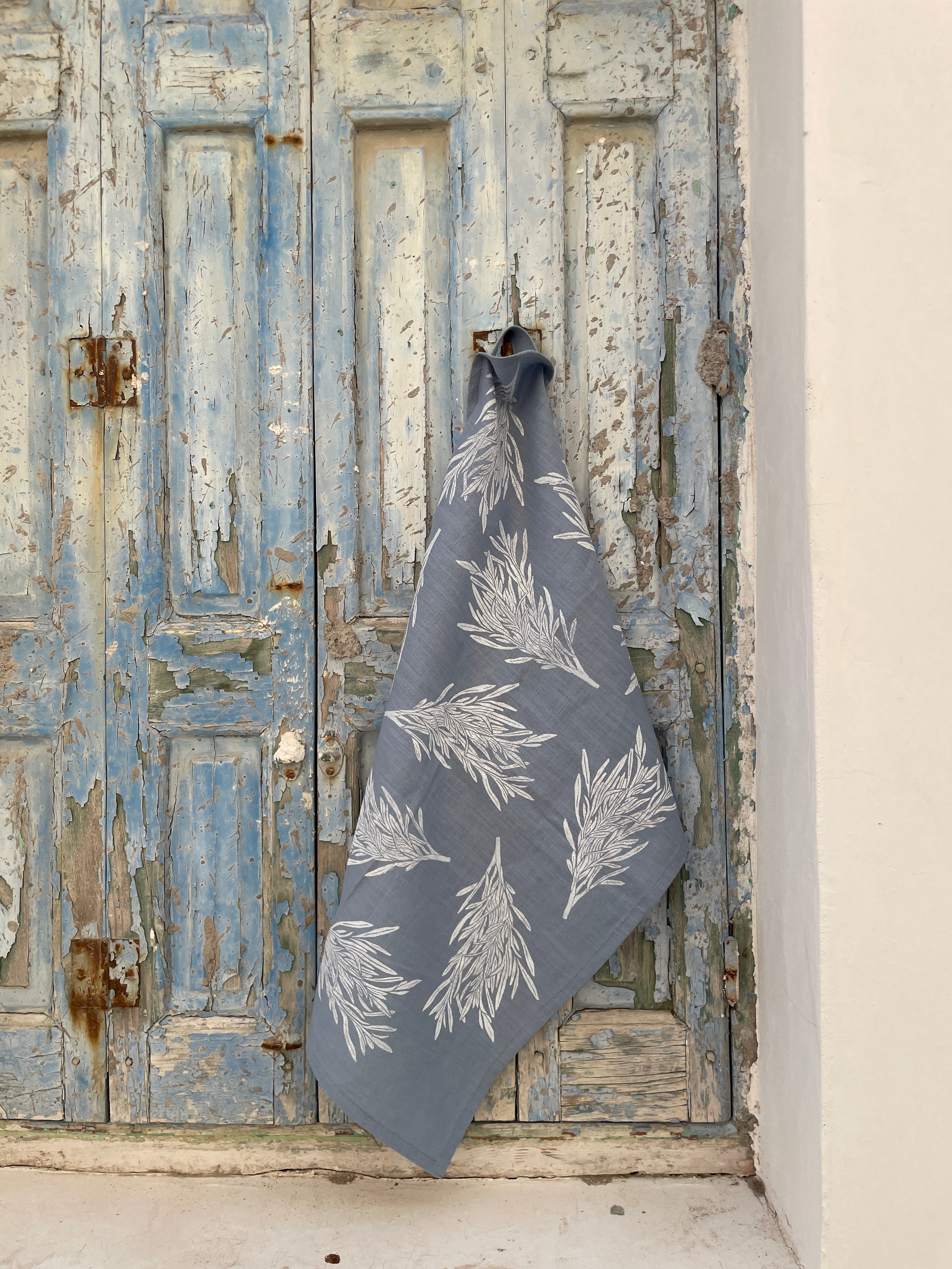 Tarragon on Dusty Blue Tea Towel