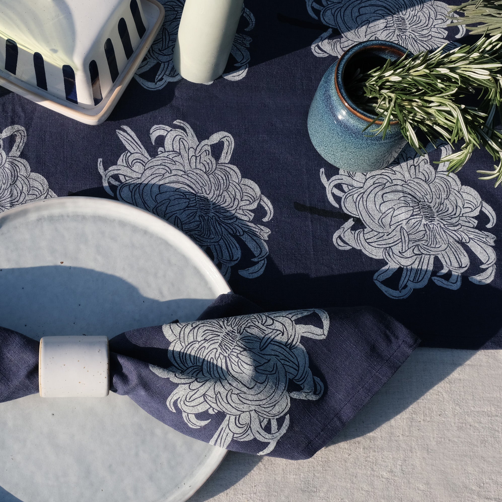 Chrysanthemum on Indigo Table Runner